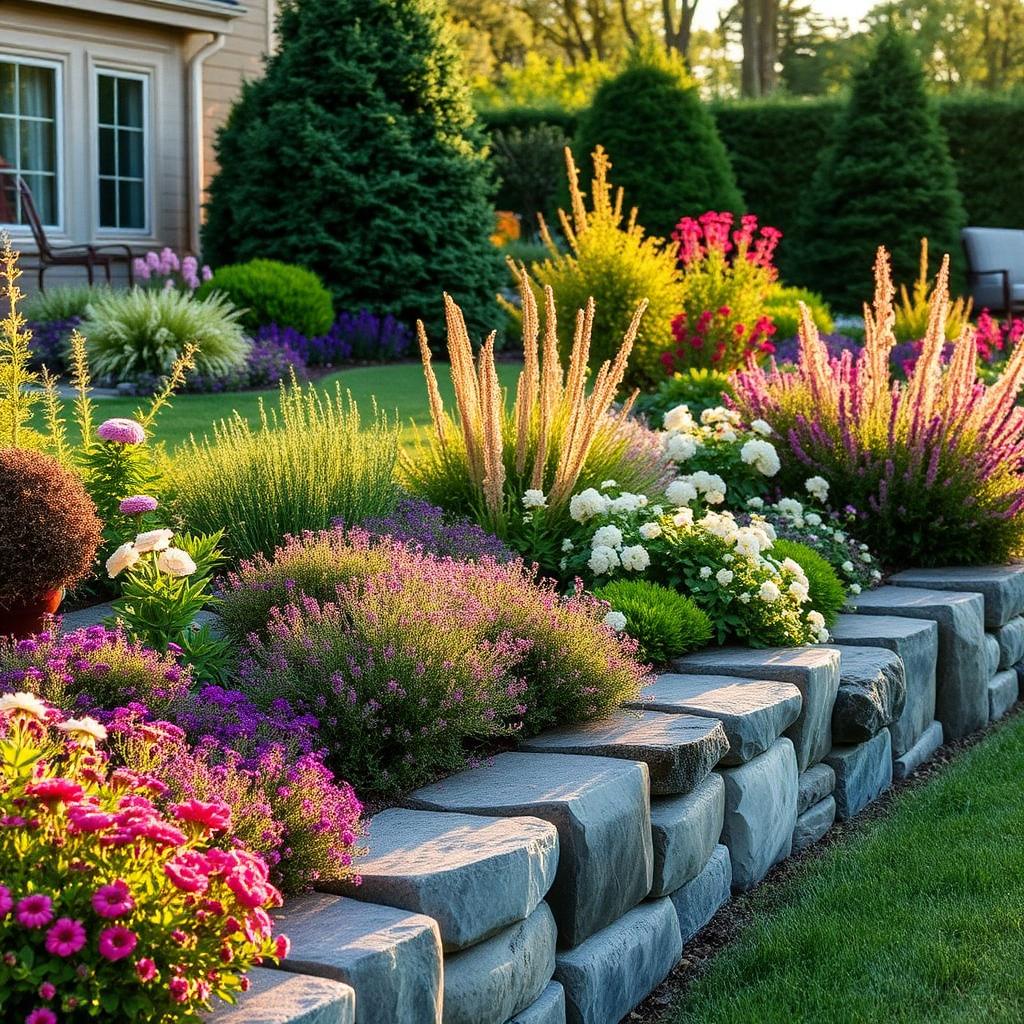 Retaining Wall Garden: Stone border + mixed beds — Garden Design project in Scottsdale, Arizona
